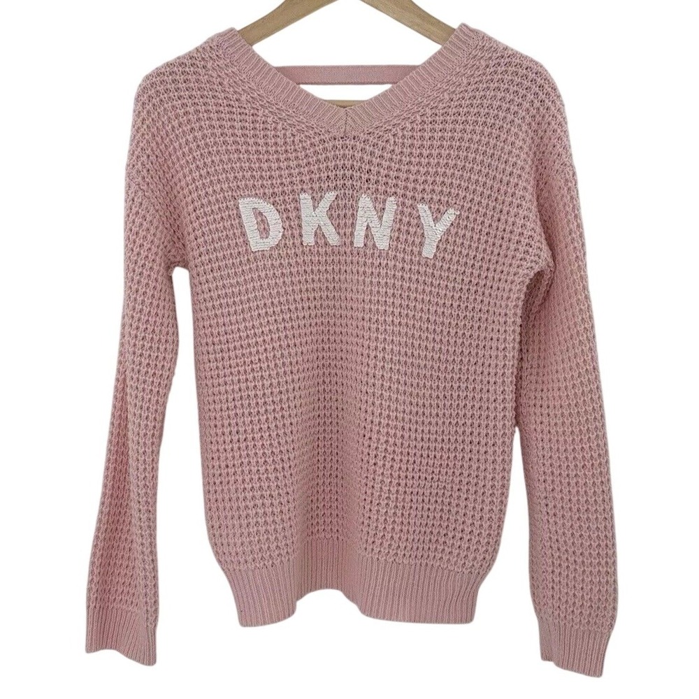 DKNY Girls Pink Waffle Knit V-Neck‎ Sequin Logo Pullover Sweater XL
